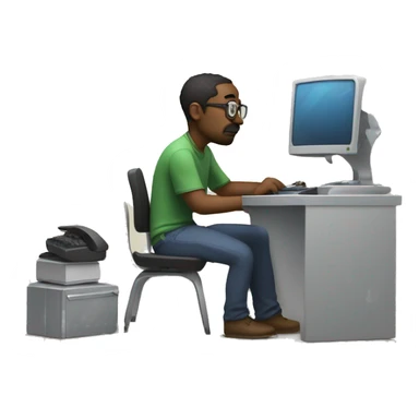 a tired programmer and developer sits behind a computer and makes a website.  sticker