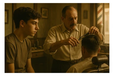 sartaroshxonada ishlayotgan o'smirin bola usta soch olayotganini kuzatib turibdi sticker