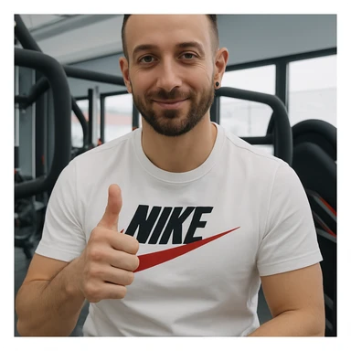 The man in the photo is making the OK gesture with his thumb up, showing a relaxed expression, in a gym environment, photorealistic style. sticker