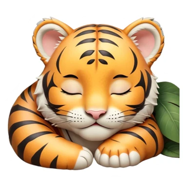 Meme-Worthy cute Sleeping Tiger Cub Portrait Emoji, Head resting peacefully with a contented smile, showcasing a luxuriously soft, striped form and eyes gently closed in serene slumber, Simplified yet comically adorable features, highly detailed, glowing with a soft, drowsy wild light, high shine, relaxed and utterly lovable, stylized with an air of playful laziness, bright and heartwarming, soft glowing outline, capturing the essence of a sleeping tiger cub that feels destined to become the next viral icon of adorable rest! sticker