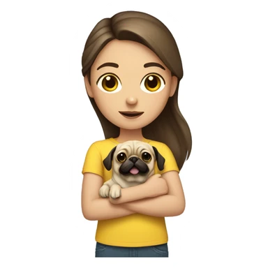Girl with brown hair and a yellow shirt holding her pug sticker