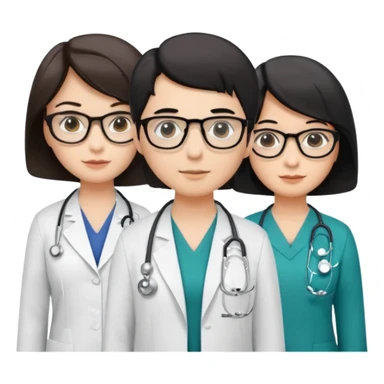 Create four doctors grouped together. Place a female doctor with dark brown short bob hair prominently in the front. Behind her, include:

a doctor with white hair wearing glasses,

a young male doctor with black hair and no glasses,

and a female doctor with black short bob hair wearing glasses. sticker