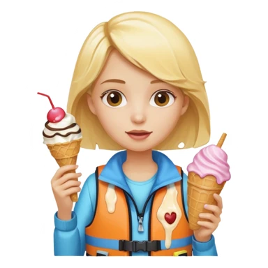 girl blonde kid wearing lifejacket, holding ice cream sticker