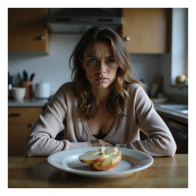 realistic style adult thin woman sitting at kitchen table with a plate with only a sliced apple, sad expression, kitchen environment, cold lighting, atmosphere of restrictive diet sticker