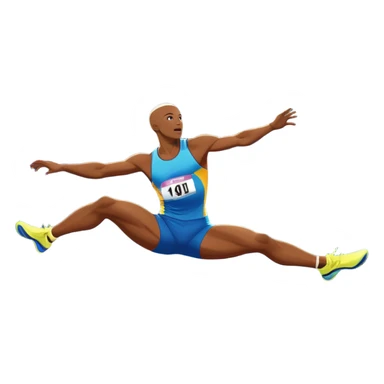 An icon showcasing various disciplines of track and field in one scene: a sprinter in full speed, a high jumper soaring over the bar, a long jumper taking off, and a discus thrower in motion. The background features a vibrant stadium with cheering crowds, bright lights, and a clear sky.  sticker