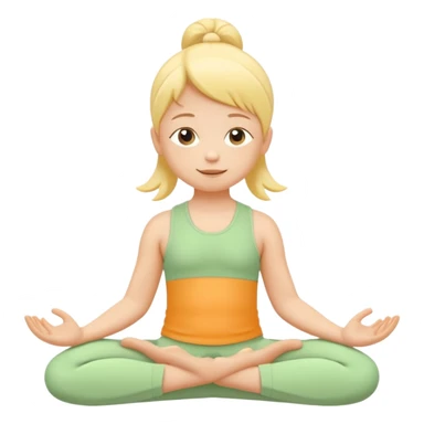 Flat illustration emoji of a small child practicing yoga, simple pose, calm and happy expression, soft pastel colors (yellow, green, soft orange), rounded shapes, minimal details, child-friendly, gentle and warm style, vector illustration, no background, cohesive style with kindergarten branding sticker