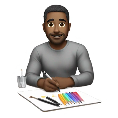 A man, drawing on an iPad with a stylus. , using the iPad placed on a table. with art tools like brushes and pencils around him. 🎨 sticker