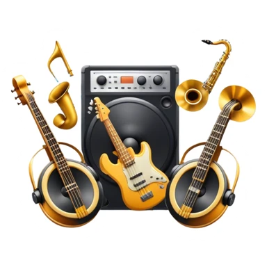 Icon for R&B Music Listening: large concert speakers and headphones with waves of musical notes coming out, along with drums and bass guitar and saxophone. The icon should convey the energetic and rhythmic vibe of R&B music. Transparent background sticker