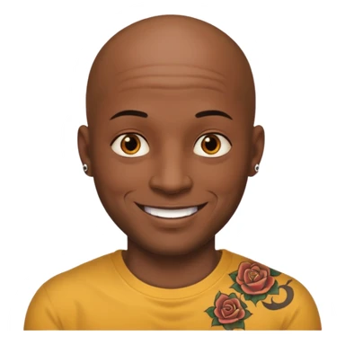 This is a cartoon-style avatar of a bald man with dark skin, golden-brown eyes, and several tattoos on his face, smiling with a friendly expression. sticker