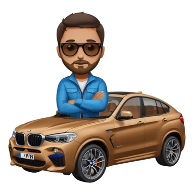 Brunnete Man with stubble (beard) sitting on top of the bonnet of a BMW X4 M competition with sunglasses on sticker
