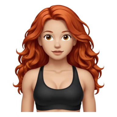 Athletic girl with long light red wavy hair and smaller boobs bigger arms. middle part and black sports bra, long hair sticker