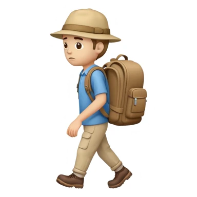 sad traveler man with beige skin tone wearing backpack and hat walking to the right, iOS style sticker