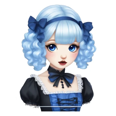 Japanese pale woman with Blue curly pigtails and bangs, royal blue lips and eyeshadow, long eyelashes, blue eyes, black Lolita dress with laces and ribbons, gothic Lolita doll look sticker