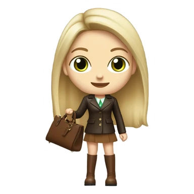 Realistic White woman with Long straight blonde hair and green eyes, dark Brown oversize leather blazer, mini skirt and Brown heeled leather boots, holding handbag sticker