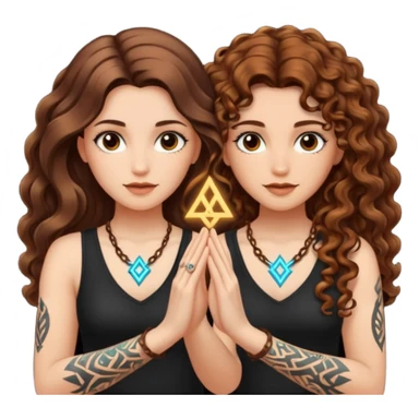 shared idea — long wavy brown hair tattooed woman and short tight curly brown hair woman — glowing rune between hands sticker