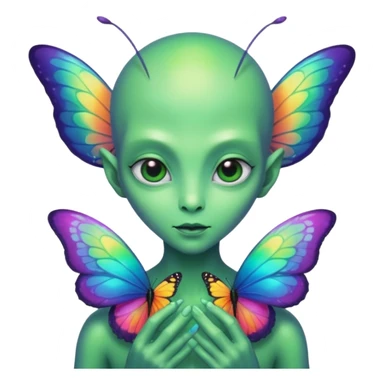 an alien with butterflies on hand sticker
