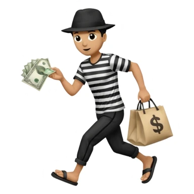 Make a man wear a black pant and he shirt is balck line and white line and wear a black hat and he holding a money bag and he running he wear a black eye thing no money in the Left hand and he yellow and the money bag in the right he wear a flip flop like this is Money bag 💰 NO MONEY sticker
