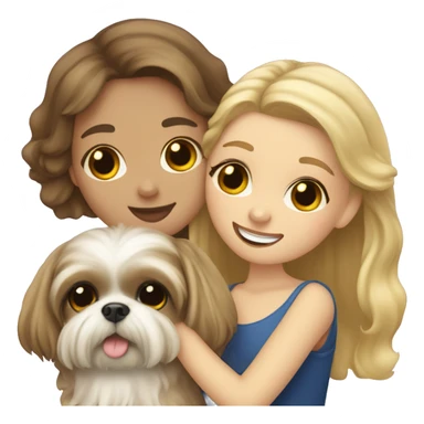 human girl with long wavy brunette hair hugging a blonde colored shih tzu girl with bow sticker