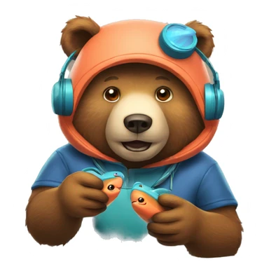 Bear wearing headset playing video game about catching salmon sticker