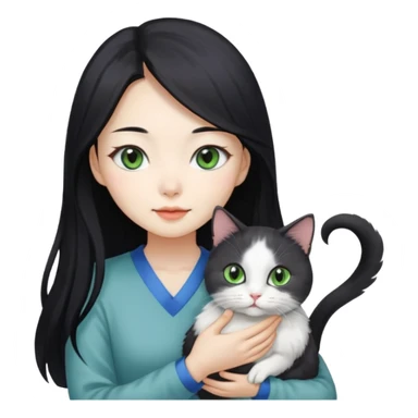 A pretty Korean woman with long black hair, white skin, holding a gray-lined green-eyed cat and a white blue-eyed blind chicken cat
 sticker