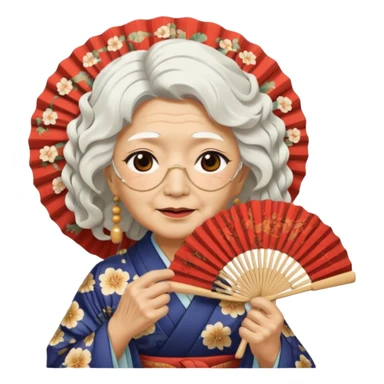 japanese culture old woman with white wavy hair and wrinkles holds a fan to cover her face sticker