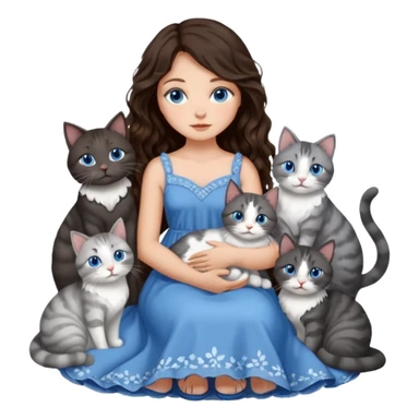 detailed realistic looking a dark grey and white cat regally sitting with six other cats, cuddling with their owner who is a pretty bratz lightly tanned white girl with long dark brown hair, blue eyes and gorgeous long wavy hair wearing a pretty detailed dress sticker