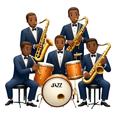 Icon for Jazz Music: The Jazz Messengers, featuring a dynamic composition with Art Blakey on drums and musicians playing saxophone, trumpet, and piano. Musical notes and a warm jazz club atmosphere emphasize the vibrant hard bop style. Transparent background. sticker