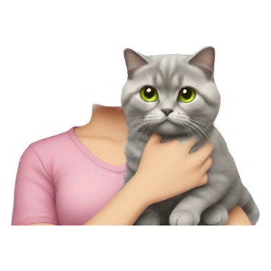 woman with green eyes and glasses and long wavy blonde hair and in a pink shirt is holding a very fluffy and fat grey Scottish fold cat sticker