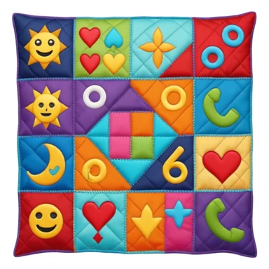 A chaotic patchwork quilt emoji with mismatched symbols and icons, evoking a deliberately absurd and brain-melting feel, grotesque and nonsensical sticker