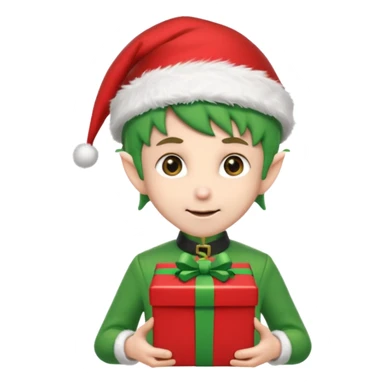 elf wearing a santa hat holidng a xmas present make his unfiorm green adn red sticker