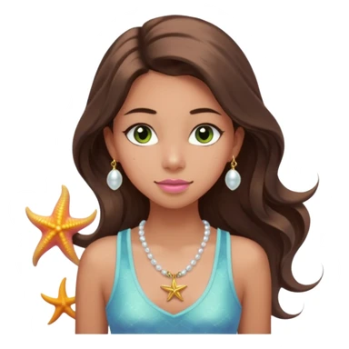 Create a teen girl wearing a light blue tank top. She will have long brunette hair, tan skin, pink lips, and grey-green eyes. She has long eyelashes. She also has light freckles and is wearing a gold charm necklace that has an n on it, a pearl, a sun, a starfish, a mermaid tail, and seashell sticker