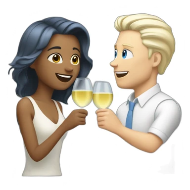 A white woman with brown eyes and blond hair and a white man with blue eyes and grey hair, they toast to each other with a glass of white wine. sticker