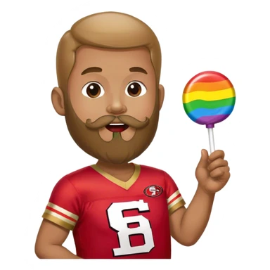 Gay pride 49ers fan licking rainbow lollipop and holding rainbow flag sticker