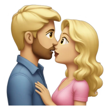 Blond woman in pink kissing brunette man with light face sticker
