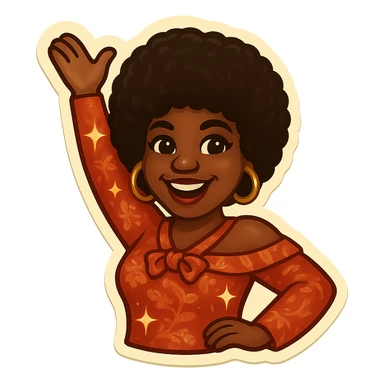 Create an emoji of a female African American in 1970s disco style with a pose with one arm raised, joyful expression, afro hairstyle, and a sparkling disco outfit inspired by the reference. sticker