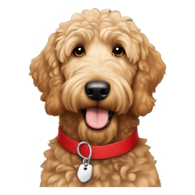 light brown golden doodle wearing a red collar with silver tag sticker