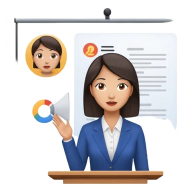 a asian women public speaking with presentation in the background sticker