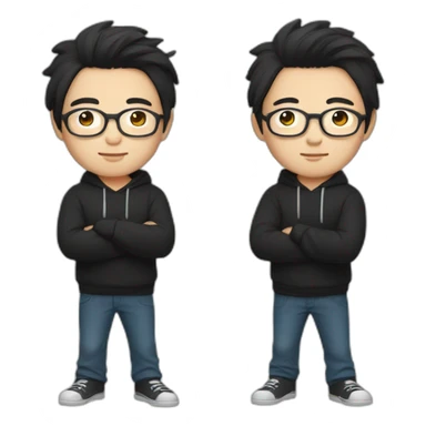 A mature Chinese boy with black hair and circle-shaped eyeglasses wearing black hoodie and ✌️ shaped hands sticker