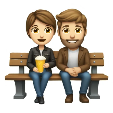 couple with white skin people and brown hair, sitting closely on a park bench, enjoying a romantic moment. One person is holding a croissant, and the other is holding a glass of Prosecco.  sticker
