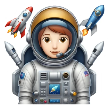 An icon featuring a rocket, a satellite, and an space helmet, symbolizing aerospace technology. The design includes a spaceship, control panels, and orbiting satellites, representing space exploration and aircraft engineering. Transparent background highlights the innovation in aeronautic sticker