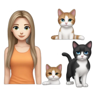 white girl with brown hair curtain bangs blue eyes holding 1 grey and white cat and 1 black and orange cat sticker