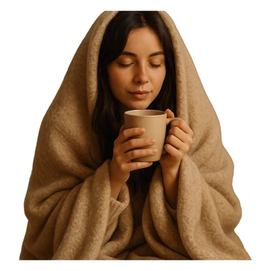 girl brunette inside a blanket sipping coffee, eyes closed, cozy and warm atmosphere, variation 2 sticker