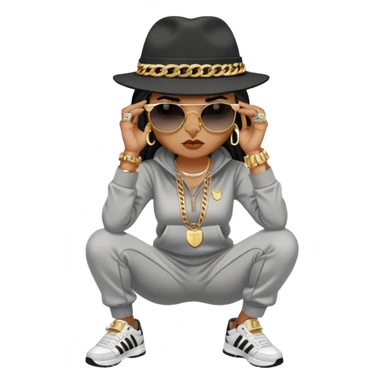 female cat wearing Run DMC hip-hop outfit with tracksuit, fedora, Adidas sneakers, dark sunglasses, many gold chains, rings, bracelets, flashy earrings, fallen down with worried expression sticker