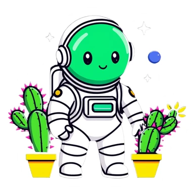 A spacesuit-wearing cactus blooming neon stars instead of flowers, with mini planets on its prickles sticker