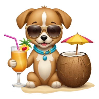 A dog wearing sunglasses on the beach drinking a tropical drink out of a coconut  sticker