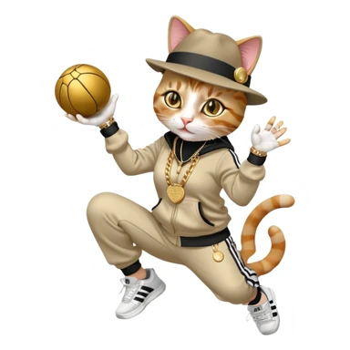 female cat wearing Run DMC hip-hop outfit with tracksuit, fedora, Adidas sneakers, many gold chains, rings, bracelets, flashy earrings, reaching up and catching a ball high in the air, no sunglasses sticker