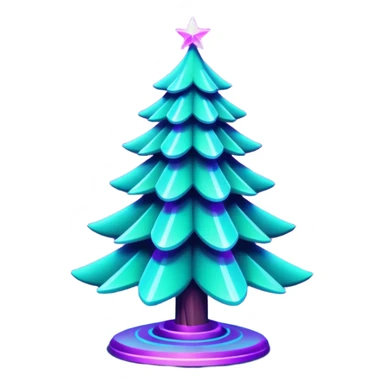 Futuristic glowing Christmas tree emoji with neon decorations, purple and cyan holographic glow, dark background, festive sparkles, no face. sticker
