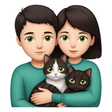 Crea un emoji donde salga un chico de pelo moreno con los ojos claros, una chica de pelo morena con los ojos marrones y UN gato europeo comun de pelaje oscuro y ojos verde claro, quiero que se esten abrazando el chico y la chica, y el gato este en el medio sticker