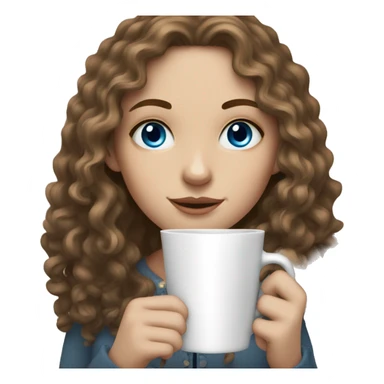 A white girl with darkblonde long curly hair, blue eyes and freckles holding a cup of coffee sticker