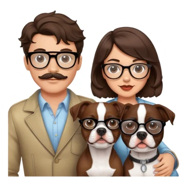 young hip fashionable cool couple wavy hair brunette man w wire glasses and mustache and brunette girl with bob and a brown pitbull boston terrier  sticker